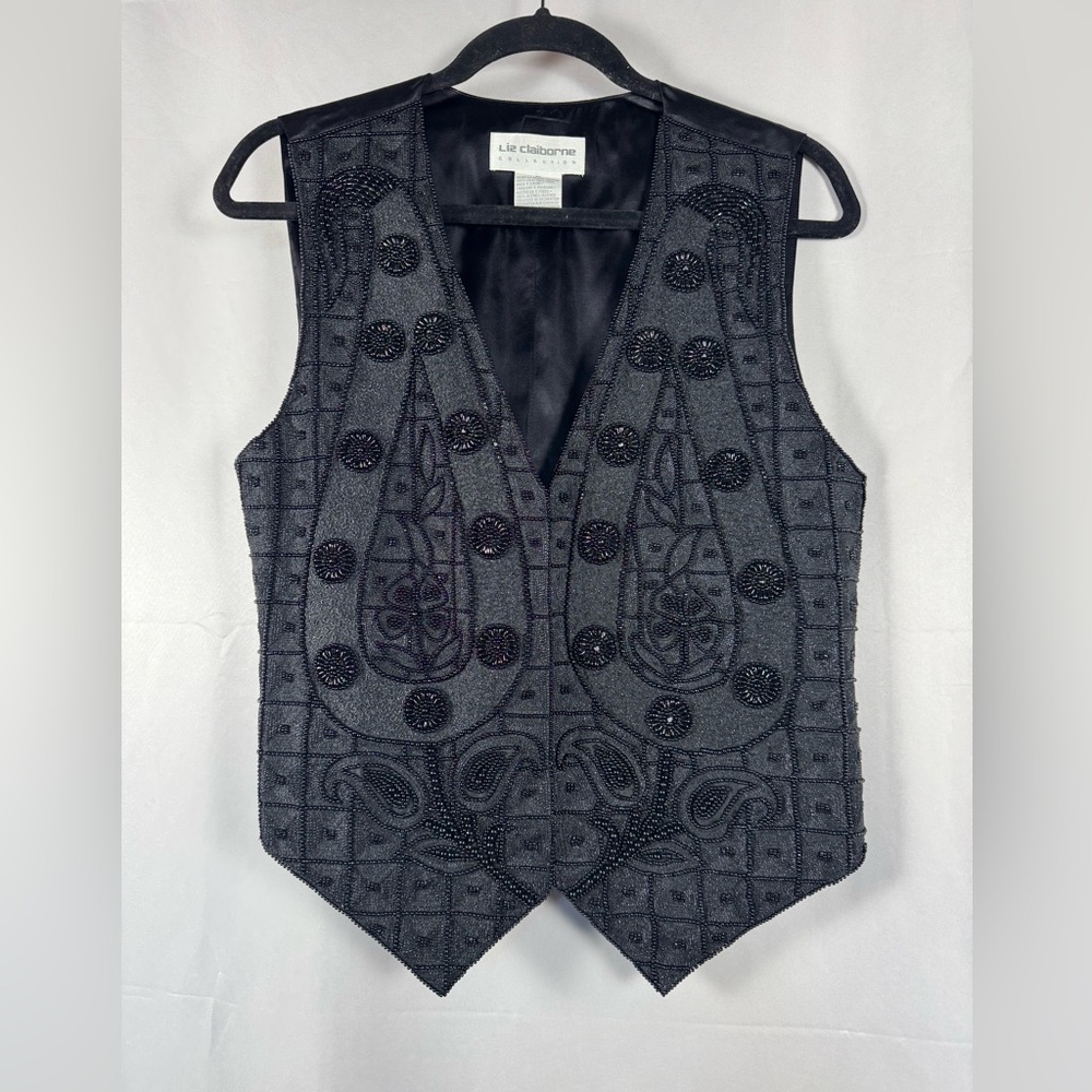 Liz Claiborne Silk Beaded Vest Geometric Paisley VTG 90's Party Dressy Formal M